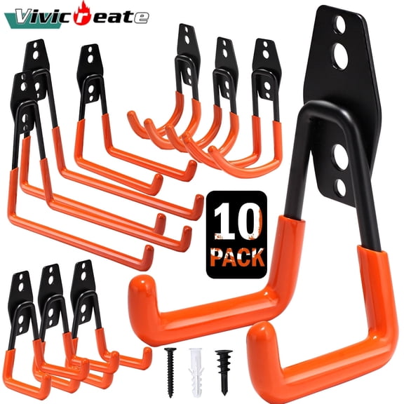 Vivicreate 10-Pack Heavy Duty Wall-Mounted Garage Hooks, 100LB Steel Storage Hooks for Tools, Bikes, Ladders, Basement & Workshop