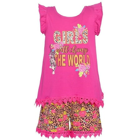 Real Love Little Girls Fuchsia Floral Animal Print 2 Pc Shorts Outfit 2T