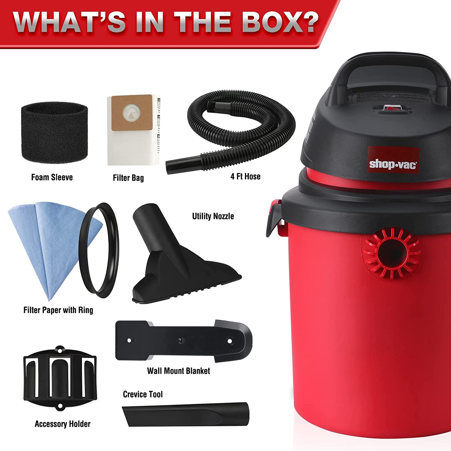 Shop-Vac 4 Gallon 4.0 Peak HP Wet/Dry Vacuum, Portable Compact Shop Vacuum with Tool Holder, Wall Bracket, Ideal for Home, Garage, Workshop