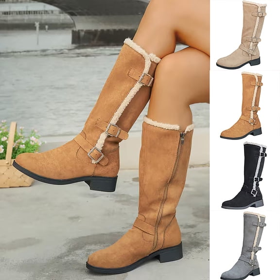 Women Sherpa Trim Knee High Winter Boots, Metal Buckle Side Zip Suede Tall Boots, Low Block Heel Warm Lined Long Boots Khaki 9.5(43)