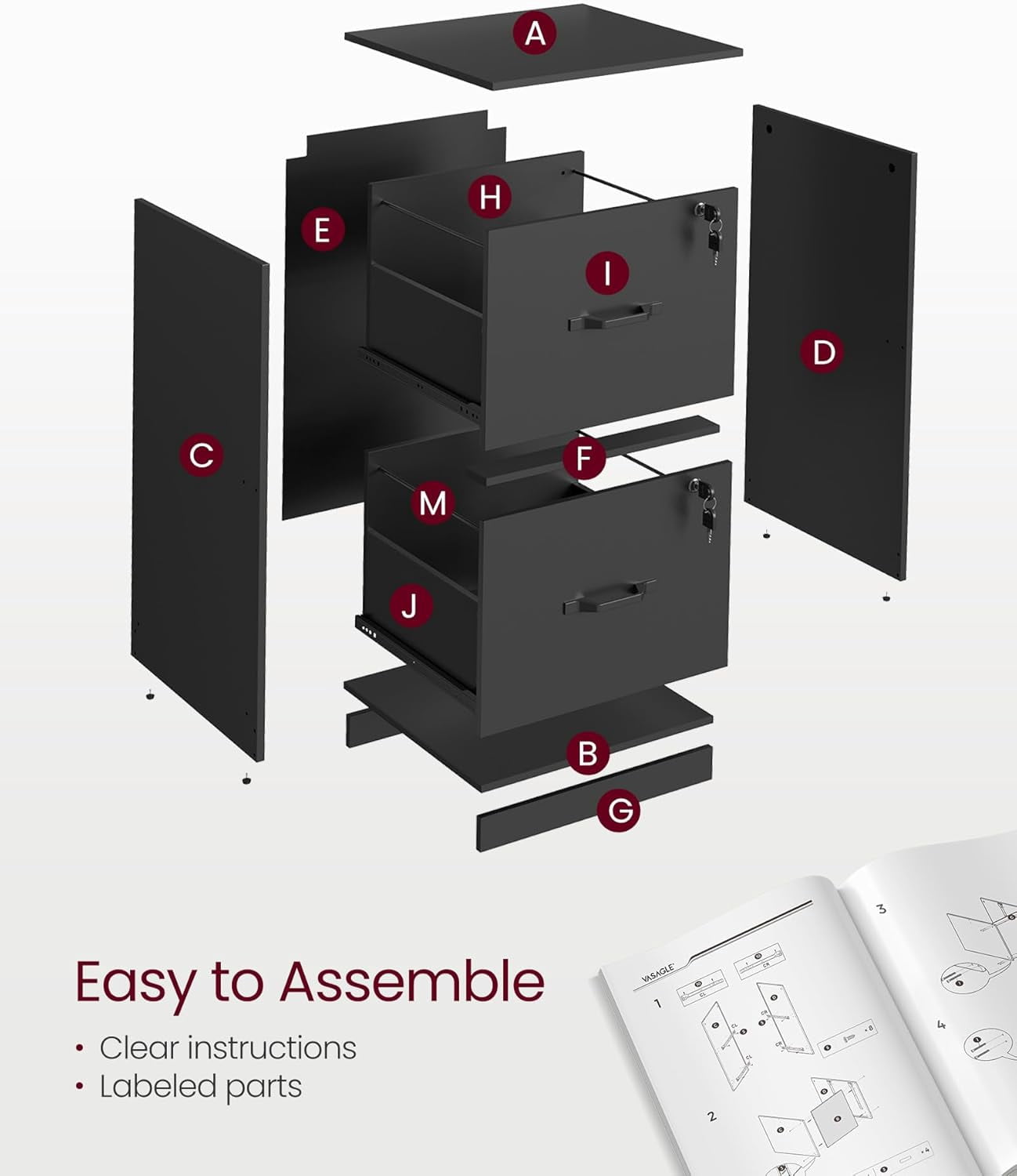 VASAGLE 2-Drawer Vertical File Cabinet Filing Cabinet Printer Stand Adjustable Hanging Rail for A4 and Letter-Size Files Ink Black