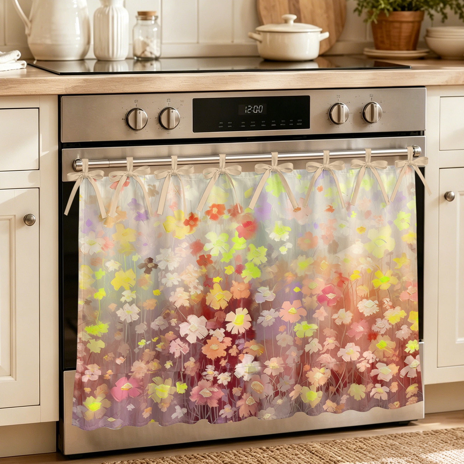 Oven Skirt Curtain for Kitchen 24x32 Inch Orange Spring Floral Oven Curtain with 8 Ribbon Ties & Ruffle Trim Stove Skirt Curtain Dishwasher for Cabinets Sinks Modern Oil Painted Daisy Botanical