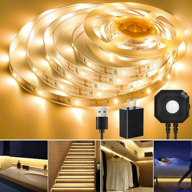 shiyou-Motion Sensor Light Indoor, 9.8ft LED Strip Lights Motion Sensor Night Light with Automatic Shut Off Timer, 5V USB Powered Under Cabinet LED Lighting for Bedroom Kitchen Stairs Hallway (Warm W