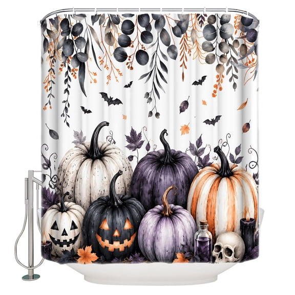 Halloween Pumpkins Bathroom Shower Curtains with 12 Hooks Waterproof Shower Curtain for Stalls and Bathtubs Fall Horror Scary Skull Eucalyptus Leaves Decorative Bathroom Curtain 66x72 Inches