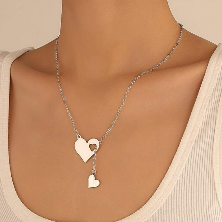 JingChun Two Heart Y Necklace Stainless steel Lariat Necklace