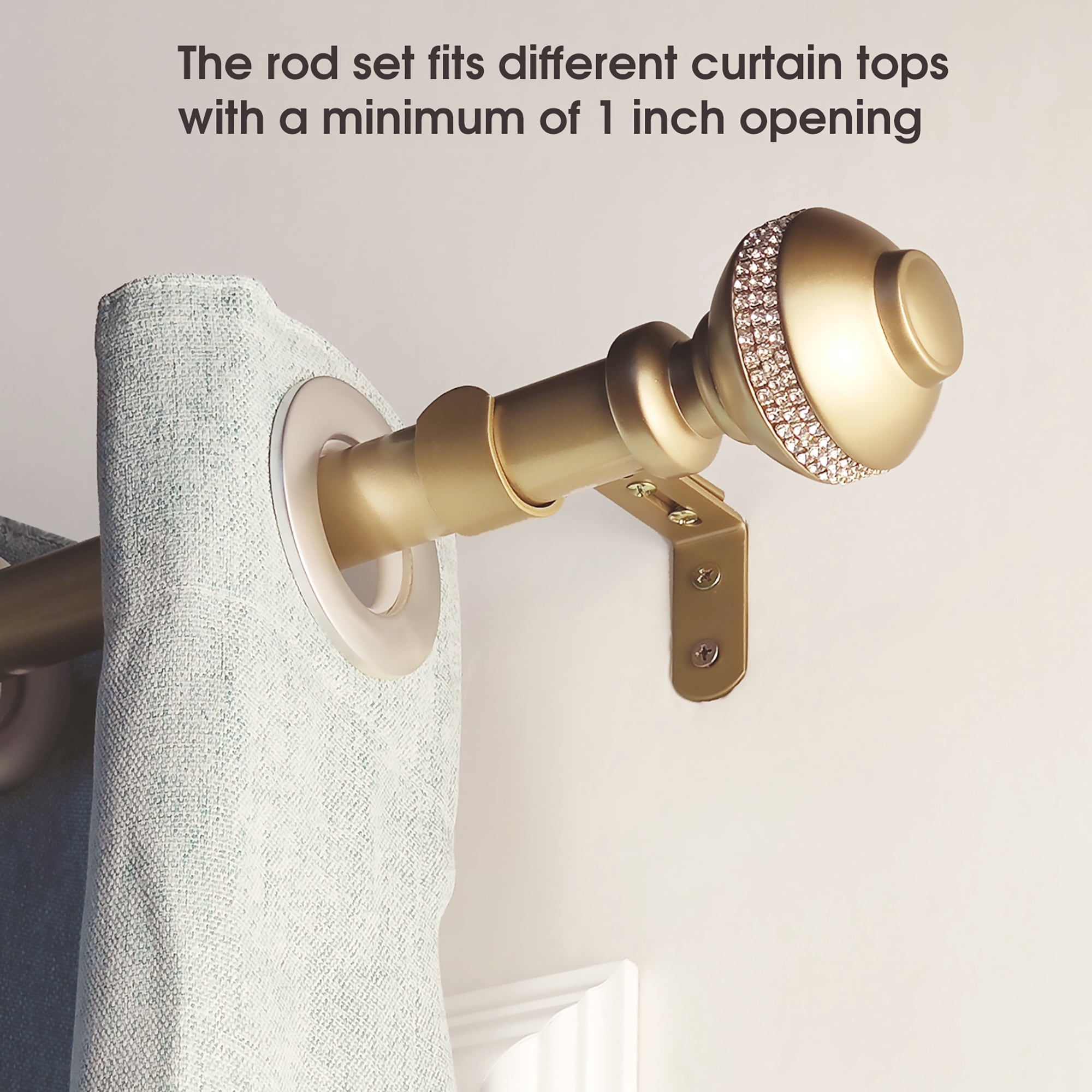 SKYPLUS LIVING Single Window Curtain Rod with Rhinestone Finials, Adjustable 36-72 Inches, Gold