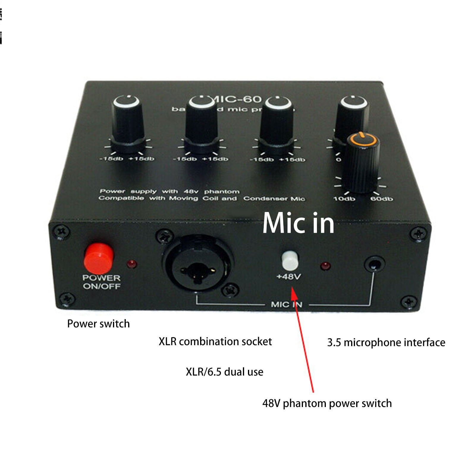 Rupoun Microphone Preamplifier MIC-60 60dB Gain Audio Interface for Condenser Dynamic Mics 3.5mm 6.5mm XLR I/O Support 48V Phantom Power Aluminum Alloy (13.19 oz / 374 g)