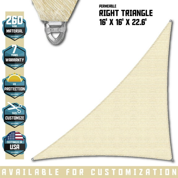 TANG Sunshades Depot A Ring Design Steel Cable Wire Reinforcement 16'x16'x22.6' Right Triangle Sun Shade Sails Beige Heavy Duty Permeable 260GSM UV Block Patio Garden Deck Dock Outdoor Facility