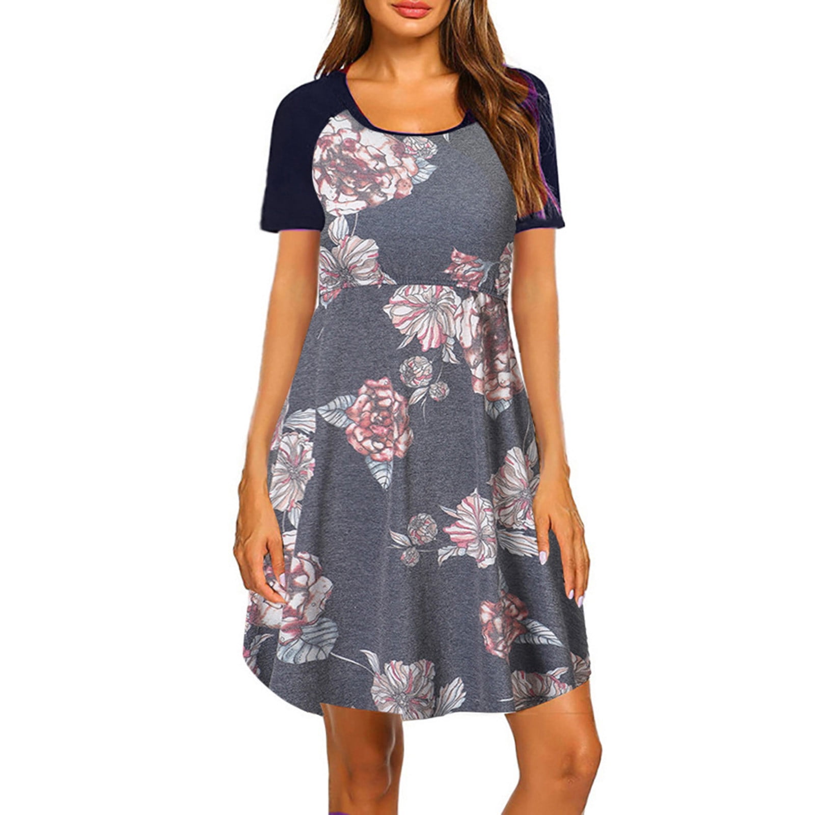 BONIXOOM Christmas Pajamas For Women Thanksgiving Pajamas Sleepwear None Short Sleeve Sleep Dress Printed Navy S