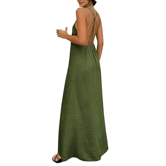 Hulanddfd Women's Dress V-Neck Halter Sleeveless Solid Color Backless Dress Green Size S