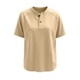 thumbnail image 6 of Kinrui Short Sleeve Sweatshirts for Women Casual Crew Neck Button Pullover Tops Lightweight Solid Color Sweater Shirts Khaki S, 6 of 6