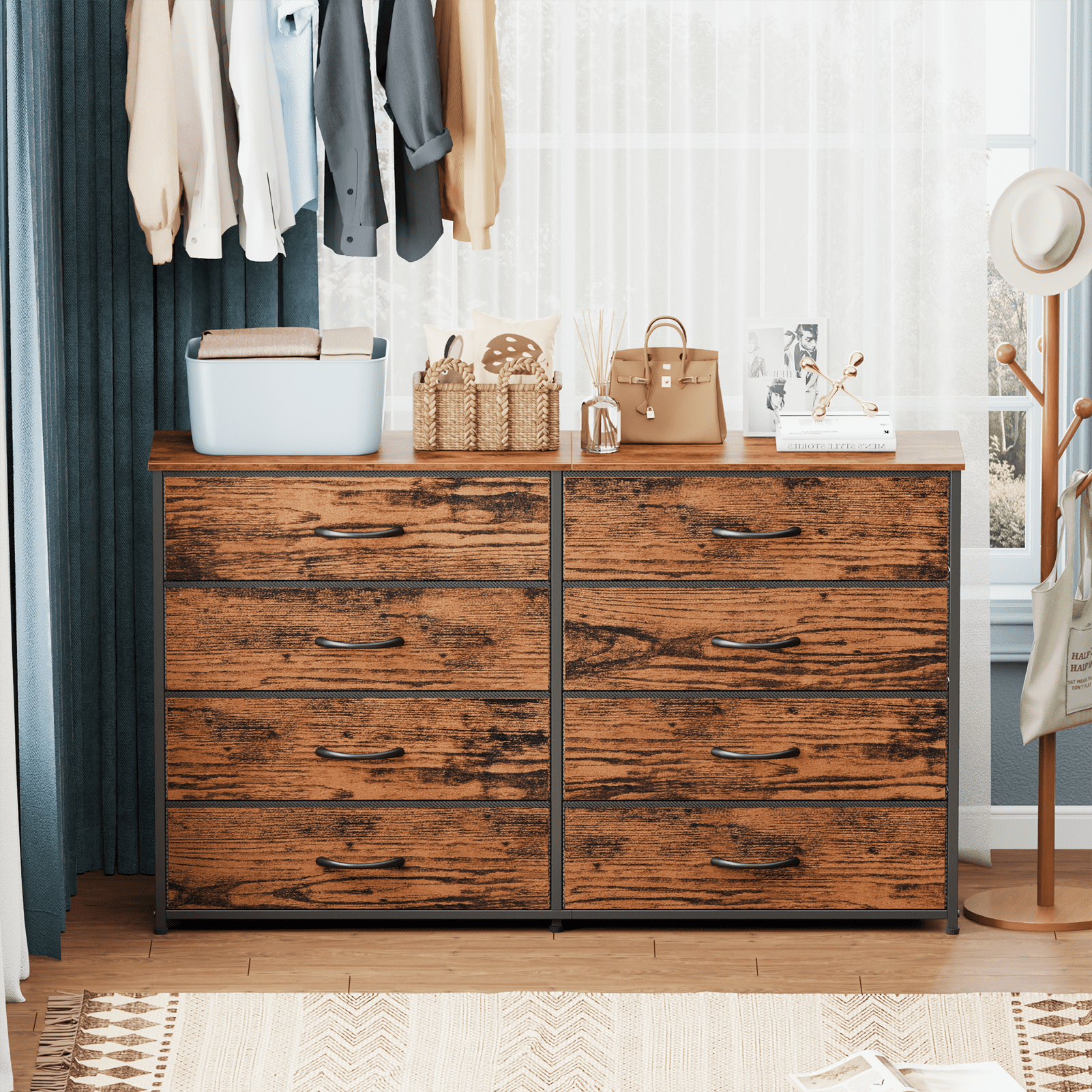 Tydimor 8 Fabric Drawers Dressers for Bedroom Wide Dresser TV Stand for 55" TVs, Chest of Drawers,Rustic Brown
