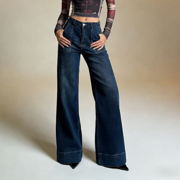 Women's High Waisted Wide Leg Denim Jeans with Patch Pockets