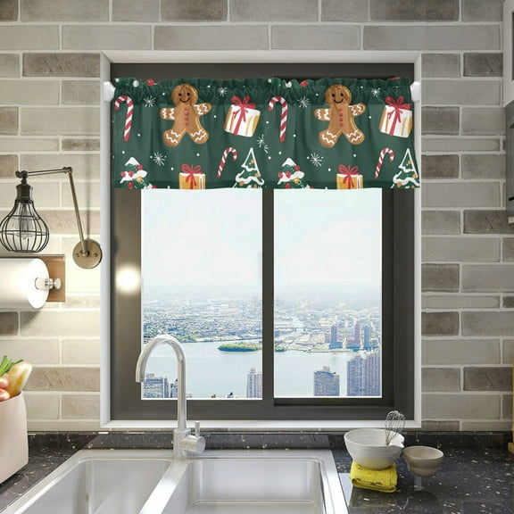 Yayeee Kitchen Valance Rod Pocket 54" x 18" Living Room Window Curtain, Green Christmas Gingerbread