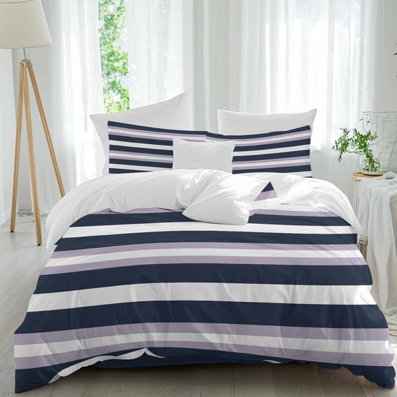 Navy Purple Stripe Duvet Cover Set Queen Size, Modern Abstract 4 Piece Soft Microfiber Bedding Set with 1 Duvet Cover, 1 Flat Sheet, 2 Pillowcases