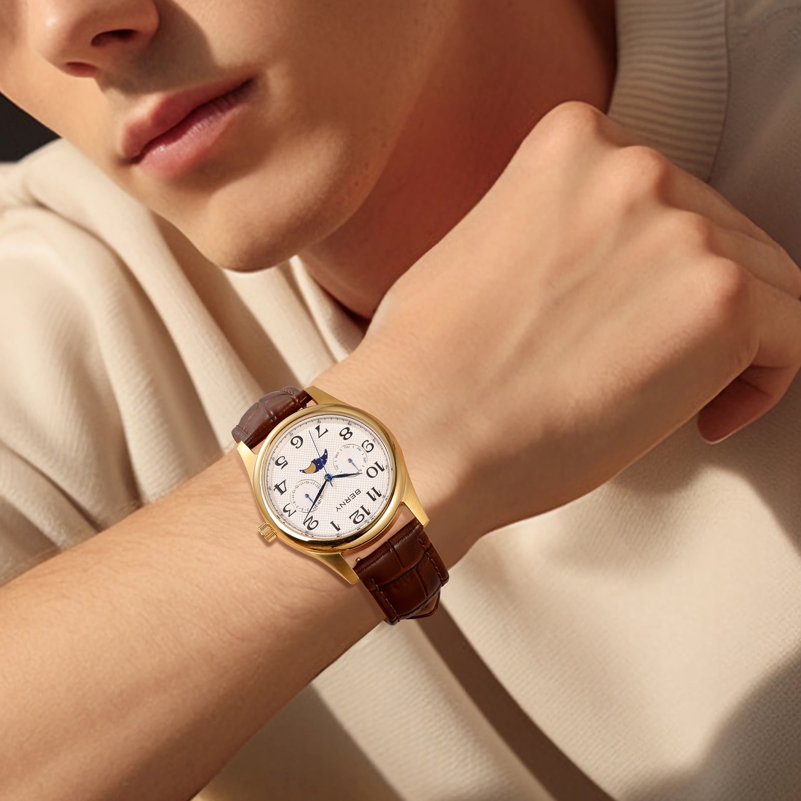 BERNY Dress Watches for Men, MultiFunction Leather Watch with Moon Phase, Day & Date Calendar, Stainless Steel Case, Easy to Read, Waterproof, Classic Analog Quartz Wrist Watch (Gold)