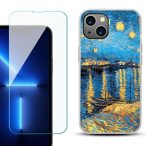 Slim-Fit Gel TPU Phone Case for iPhone 14, with Tempered Glass Screen Protector, by OneToughShield ® - Starry Night Rhone