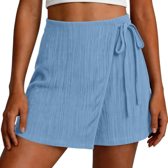 AHTJRT Women's Skorts High Waist Tie Side Mini Wrap Skirts A-Line Skirts with Built-In Shorts Sky Blue XL