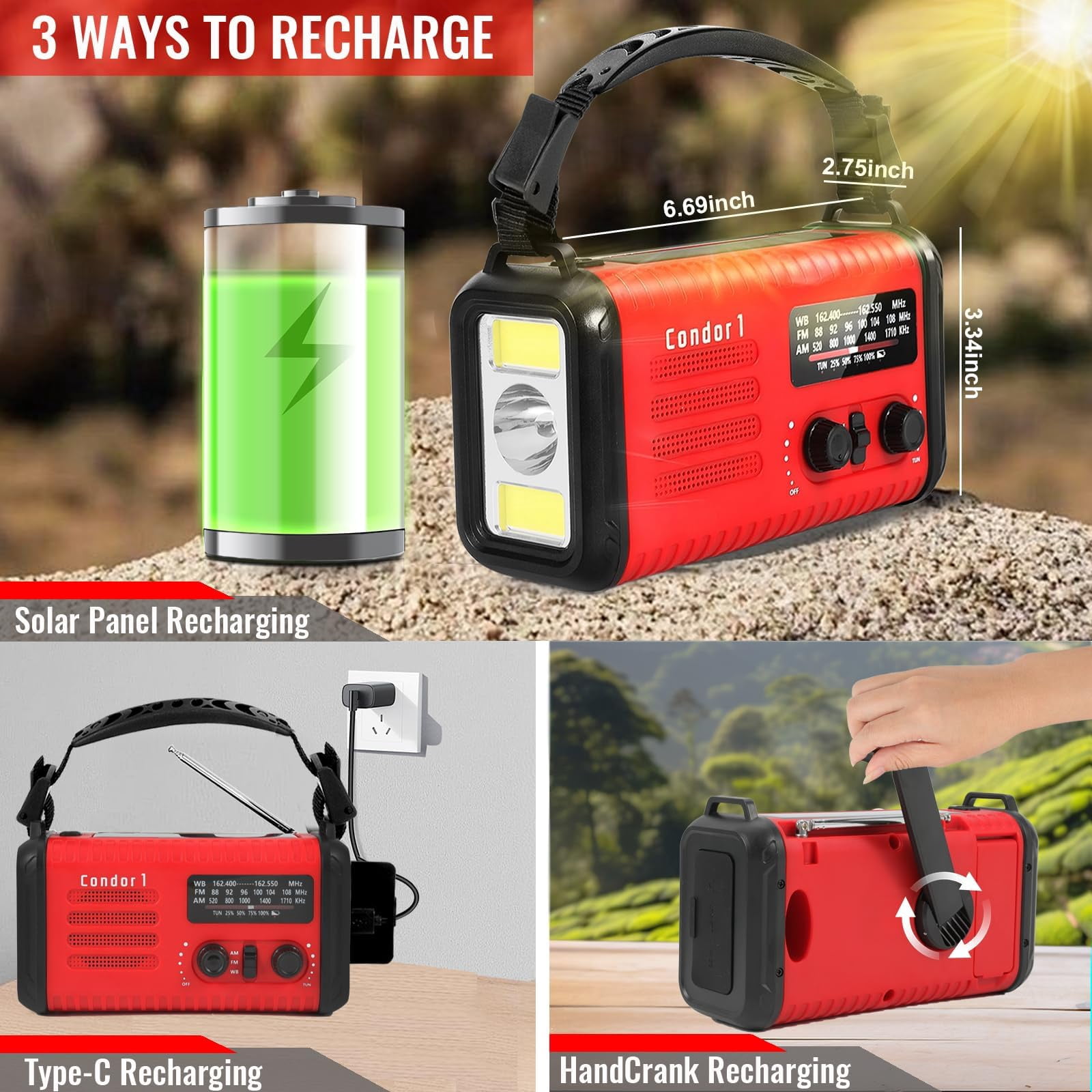 20000mah / 74000mwh Emergency Radio  Solar Hand Crank Am/fm/noaa Weather With Cell Phone Sos Alarm Flashlight & Reading Lamp (red)
