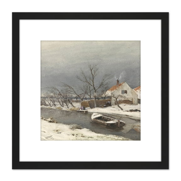 Louis Apol Winter Landscape Houses Canal Painting 8X8 Inch Square Wooden Framed Wall Art Print Picture with Mount