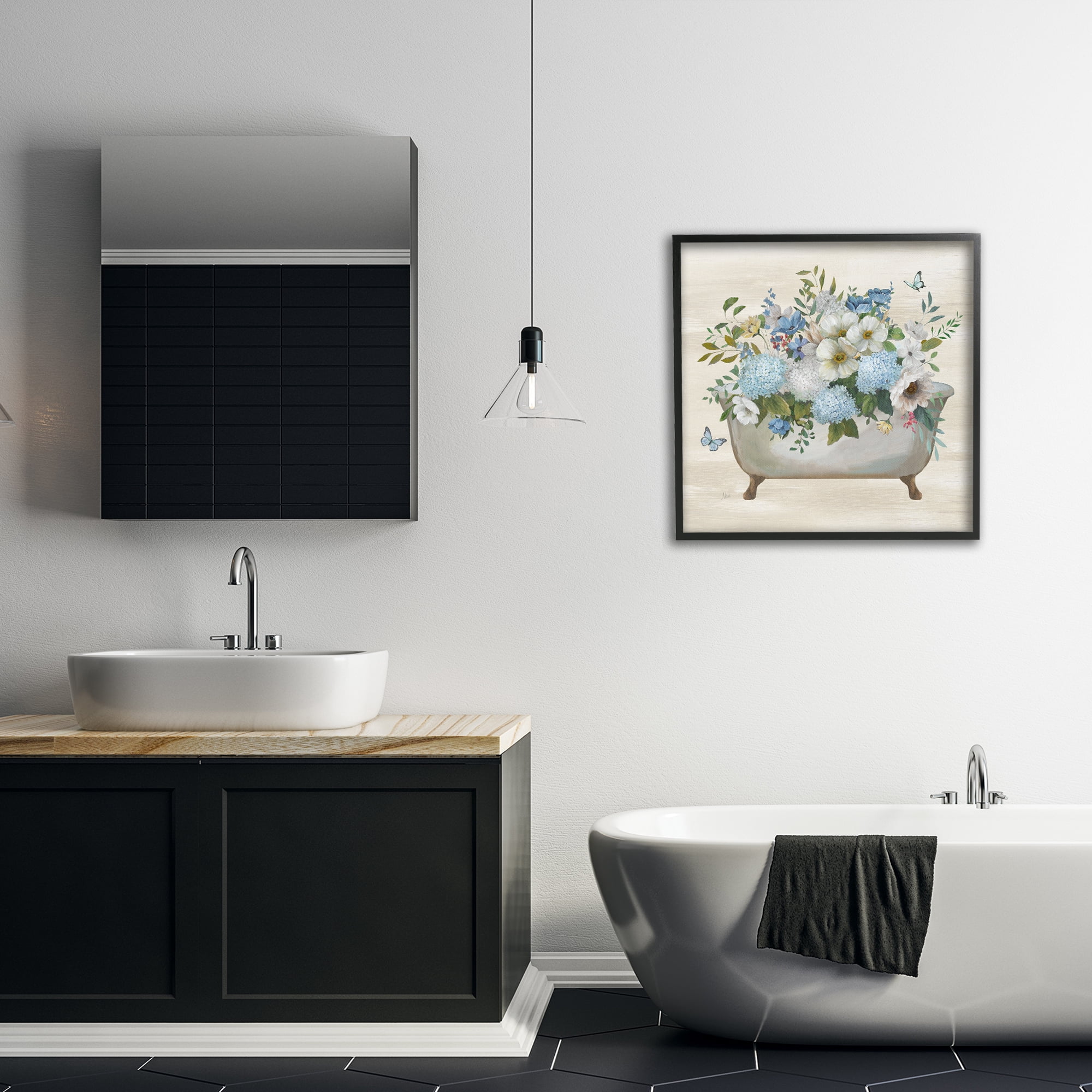 Stupell Industries Full Hydrangea Bathtub Typography Painting Black Framed Art Print Wall Art, 24 x 24