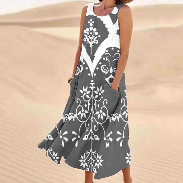 FcBaudy Robe Sans Manches à Col Rond, Robes d'Été pour Femmes, Robes pour Femmes Robe Longue Imprimée Sans Manches et en Lin à Col Rond avec Poche Robe pour Femmes