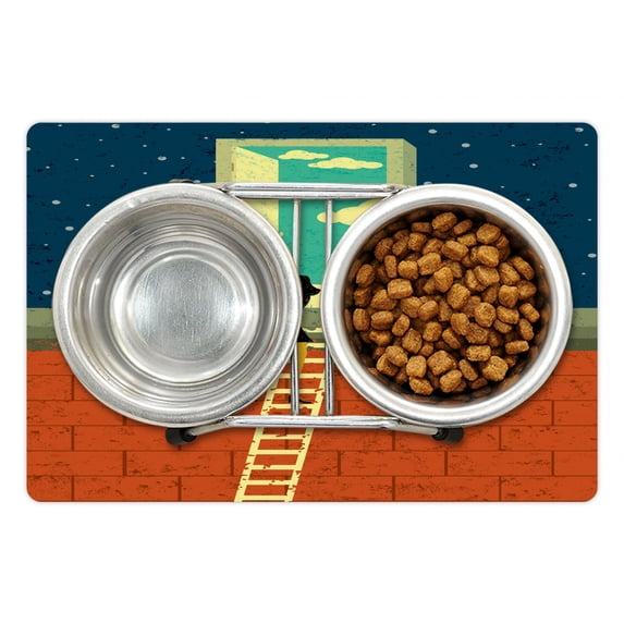 Retro Pet Mat for Food and Water, Young Woman Climbing the Ladder Day in the Night Surreal Artwork with Distressed Look, Non-Slip Rubber Mat for Dogs and Cats, 18" X 12", by Ambesonne