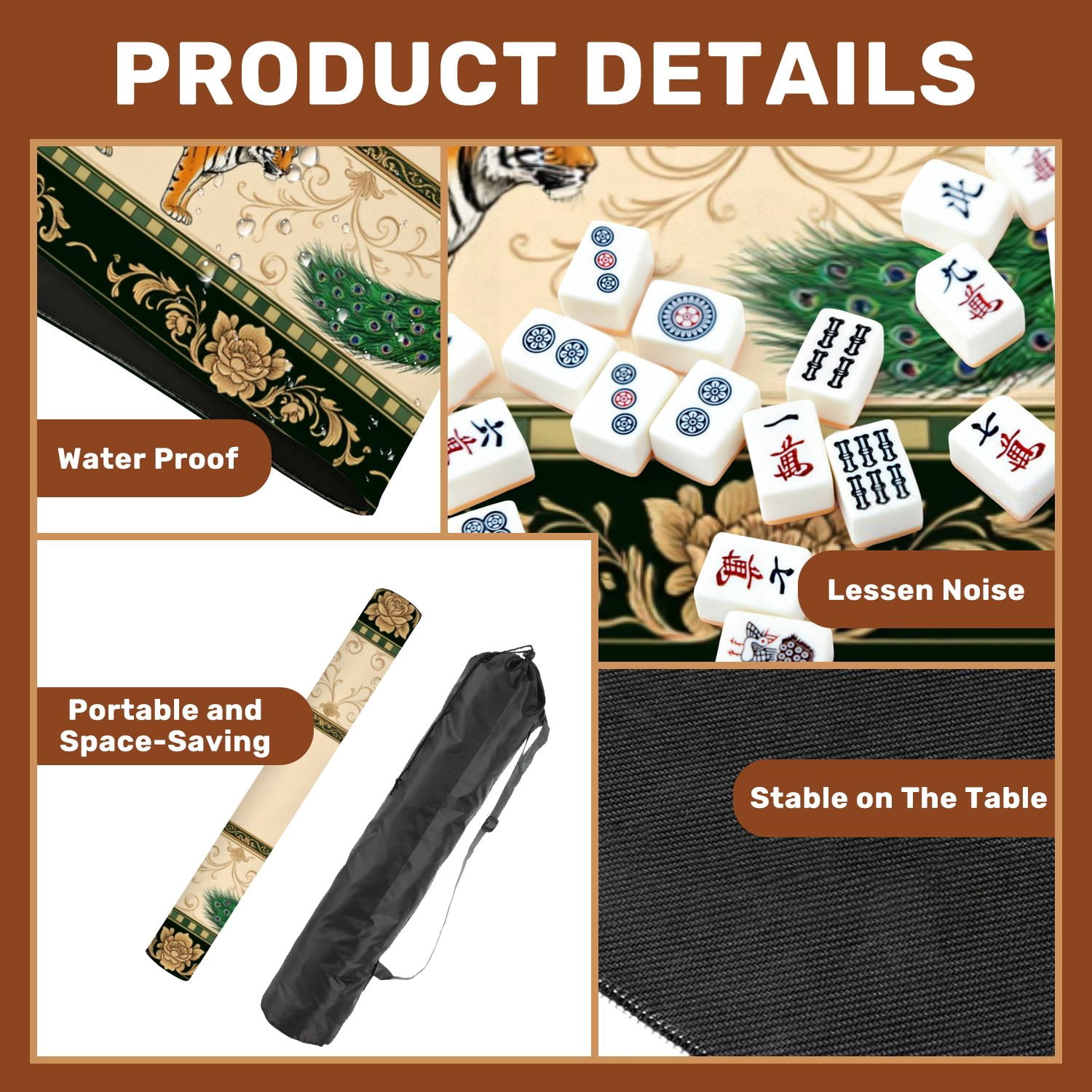 Mahjong Mat 31.5" x 31.5" Exotic Animal Tigers Leopard Peacock Ornate Floral Frame Non-Slip Noise Reduction American Mahjong Tiles Table Cover for Dominoes Poker Card Board Games Gift