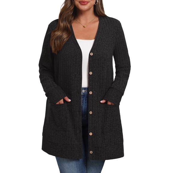 Cueply Women's Plus Size Sweater Long Sleeve Lightweight Cardigans Buttons Knited Casual Outwear Tops with Pockets 1X-4X