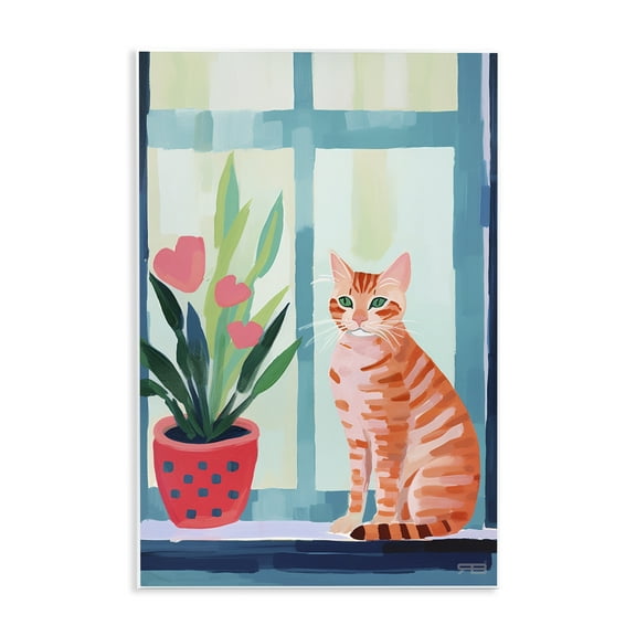 Stupell Industries Cat & Tulips in Windowsill Animals & Insects Painting Unframed Art Print Wall Art, 10 x 15
