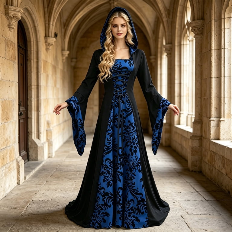 Iuyrtfe Women's Medieval Gothic Hooded Maxi Dress Lace Up Corset Style Bell Sleeve Halloween Costume Gown, Size: 4XL, Blue