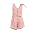thumbnail image 5 of Costeam Womens 2 Piece Linen Matching Set Tie Shoulder Sleeveless V Neck Button Top Rolled Hem Bermuda Shorts with Side Pockets Lightweight Breathable Relaxed Fit Summer Outfit, 5 of 6