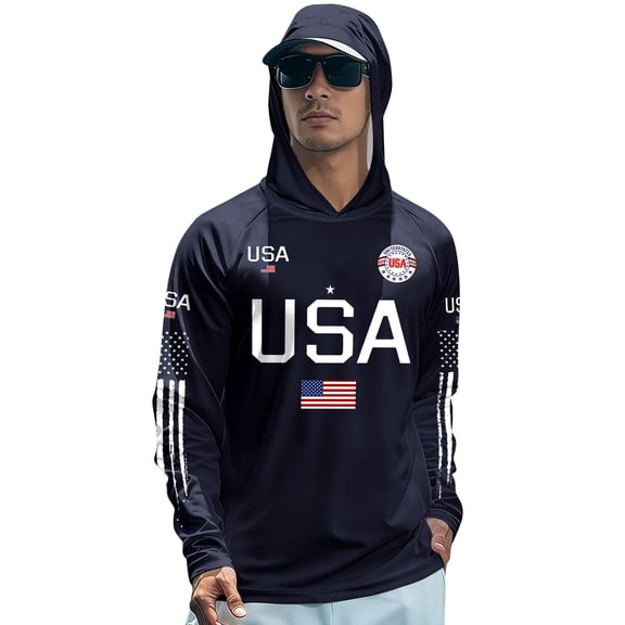 Men's UPF 50  Sun Protection Hoodie USA American Flag Print Cooling Quick Dry Long Sleeve Outdoor Shirts Navy 2XL