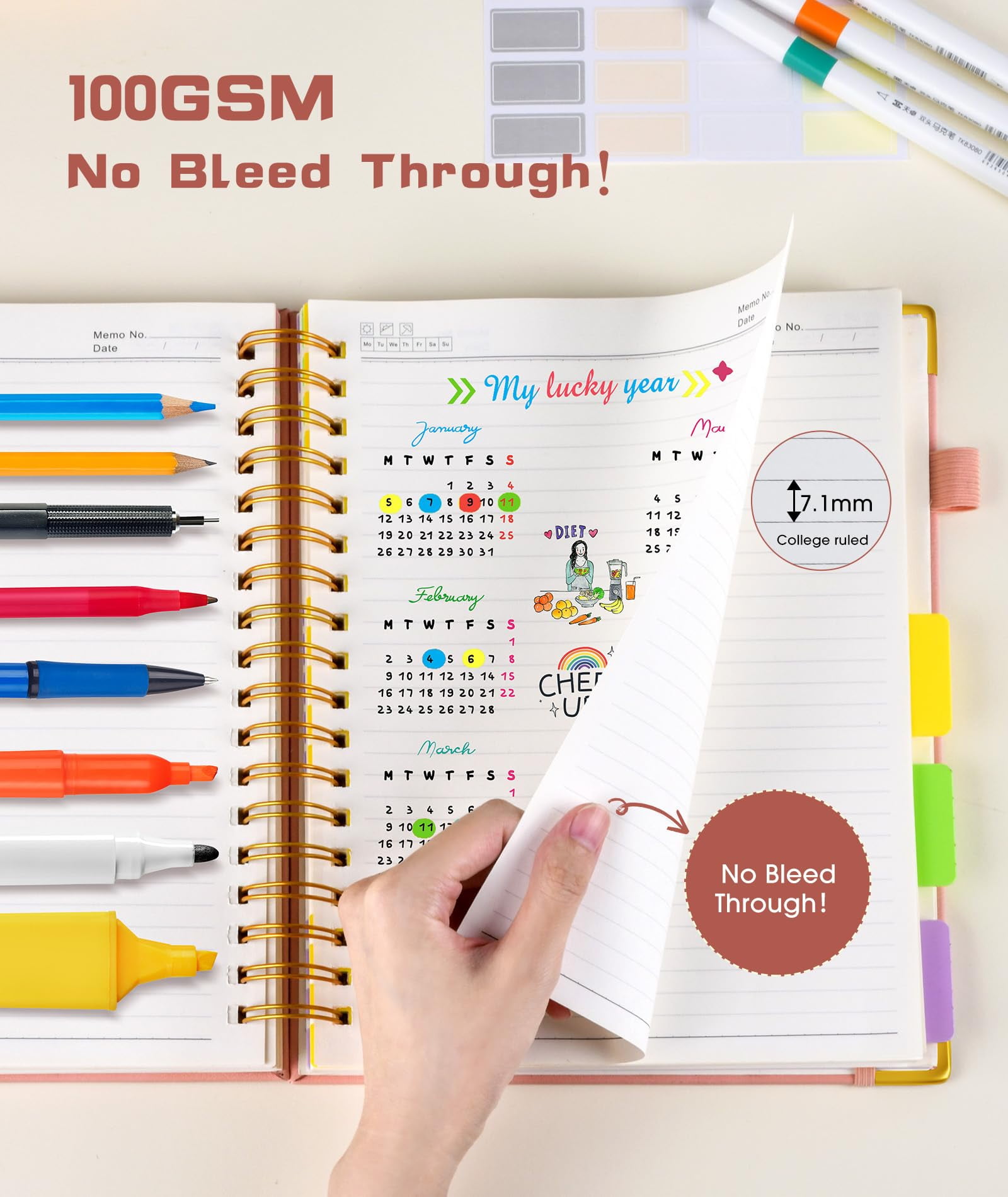 Notebook Journal with Removable Dividers Tabs, 300 Pages Leather 5 Subject Notebook College Ruled, 8"x10" Large B5 Notebooks for Work School Note taking, Lined Journal for Women