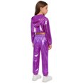 thumbnail image 2 of Hansber Kids Girls Shiny Metallic Hoodie Crop Top with Cami Vest and Pants Hip Hop Jazz Dance Outfit Purple 6, 2 of 7