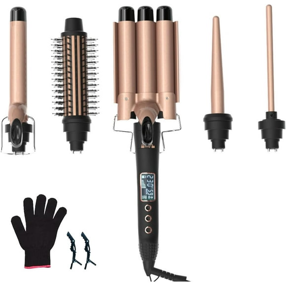LAICAIW PTC Heating Curling Wand Hair Curler Set 3-Barrel 25mm Hair Waver 25mm Curling Wand Hair Waver 5-in-1 Curling Wand Set with LCD Screen 5-in-1 Hair Curler Set Hair Curling Iron Wand Hair