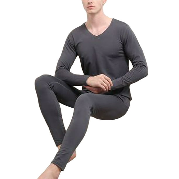 CVLIFE Mens Long Johns Set V Neck Thermal Underwear 2 Pieces Top And Bottom  Suits Sleepwear Sleeve Base Layer Dark Gray 2XL 