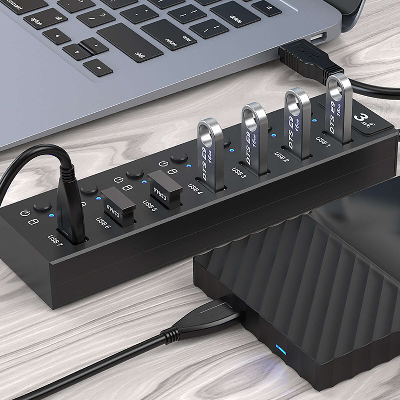 Yuehuam 7-Port Powered USB Hub, Multi Port USB 3.0 Splitter with Individual ON/OFF Switches, 5V/2A Power Adapter Charging USB Extension Multiple for PC, Laptop