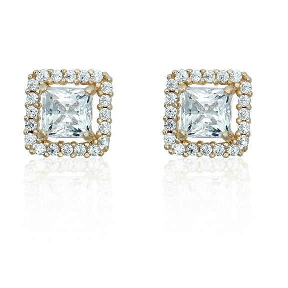 AVORA 14K Yellow Gold Princess-cut Simulated Diamond CZ Halo Stud Earrings