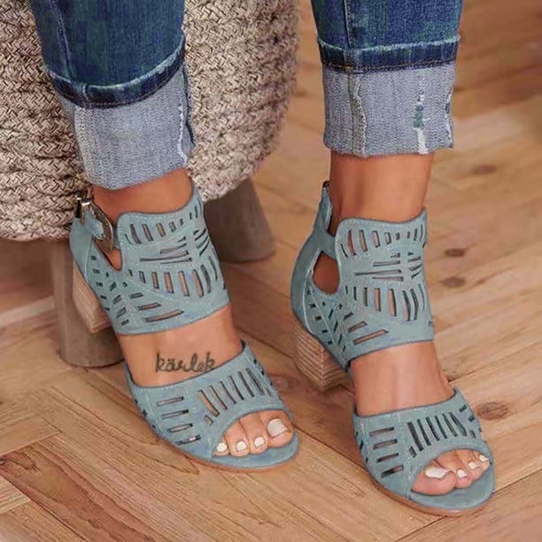 Sandalias de tacón grueso con cremallera trasera y hebilla de Metal con boca de pez hueca y diamantes de imitación calientes Wmkox8yii shjk3976