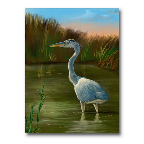 Designart ' Blue Heron Wetland Bird on The Lake Shore ' Traditional Canvas Wall Art Print