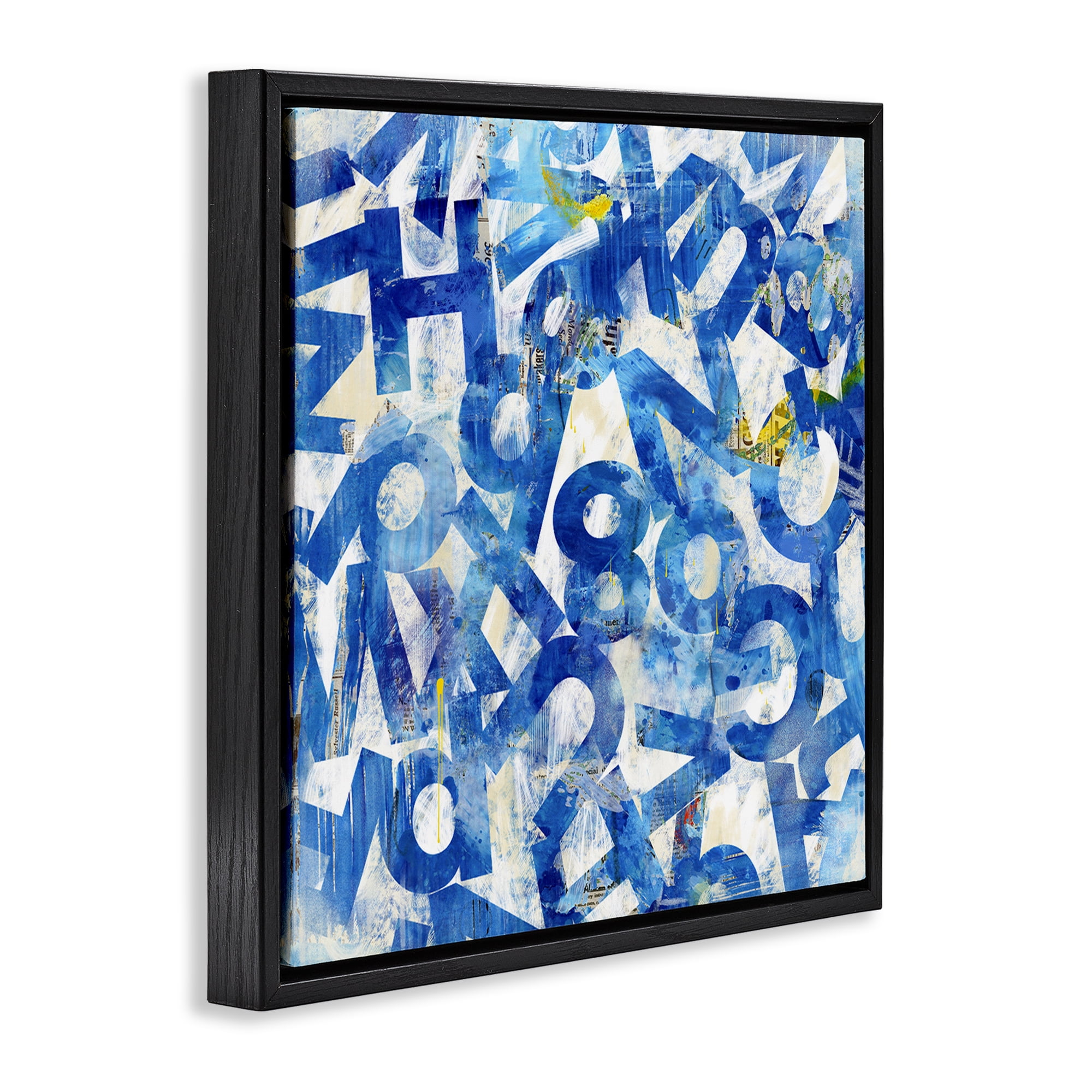Stupell Industries Blue Typography Collage Abstract Painting Black Floater Framed Canvas Art Print Wall Art, 25 x 25