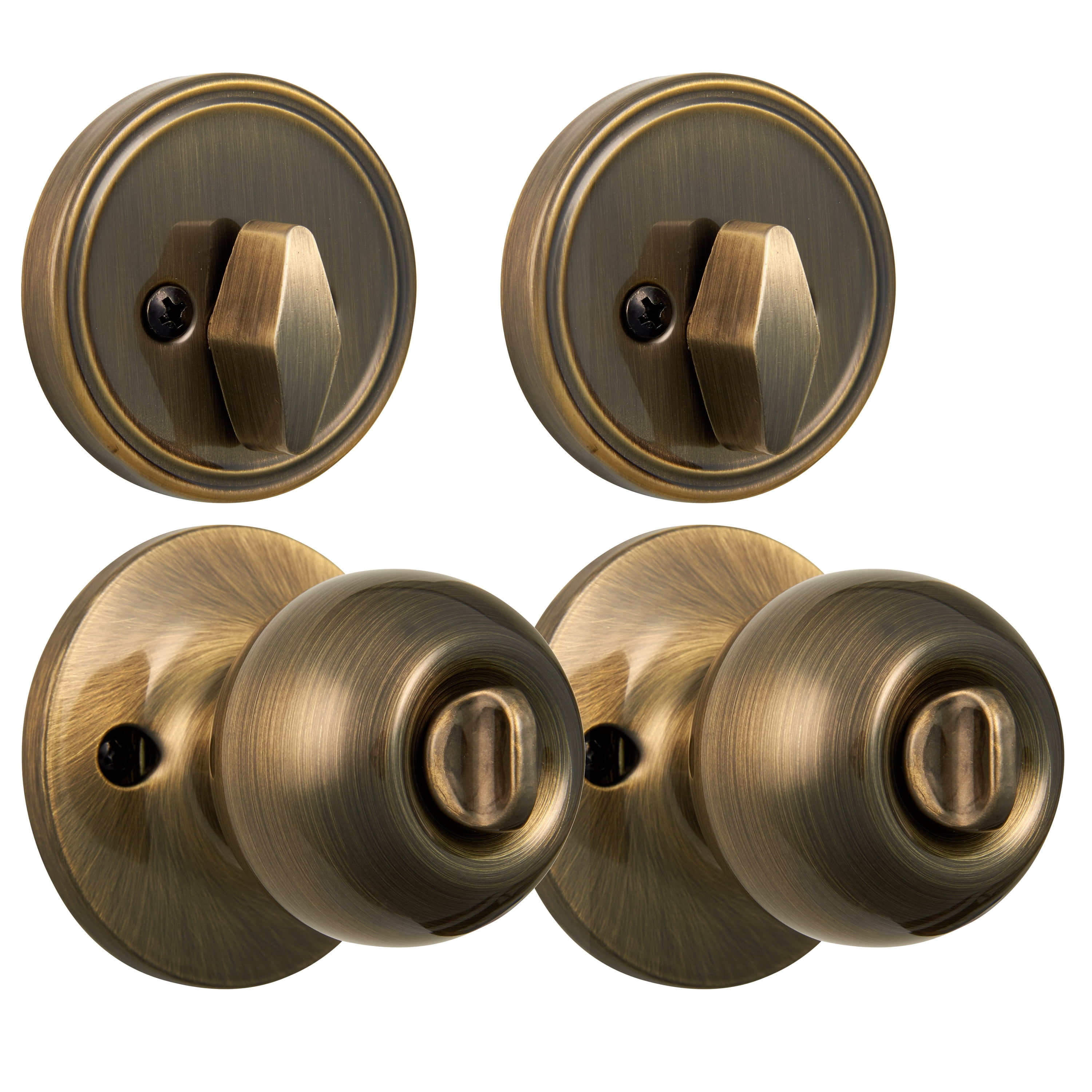 Hyper Tough Keyed Entry Ball Style Doorknob and Deadbolt Combo, Antique Brass Finish, Twin Pack