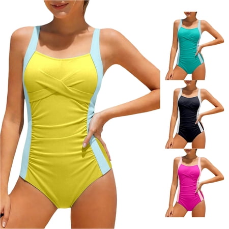 XIYON Toddler Kids Girls One Piece Swimsuit Sleeveless Suspenders Color Block Fashion Comfortable Swimwear For Swimming Beach Pool Yellow 9-10 Years