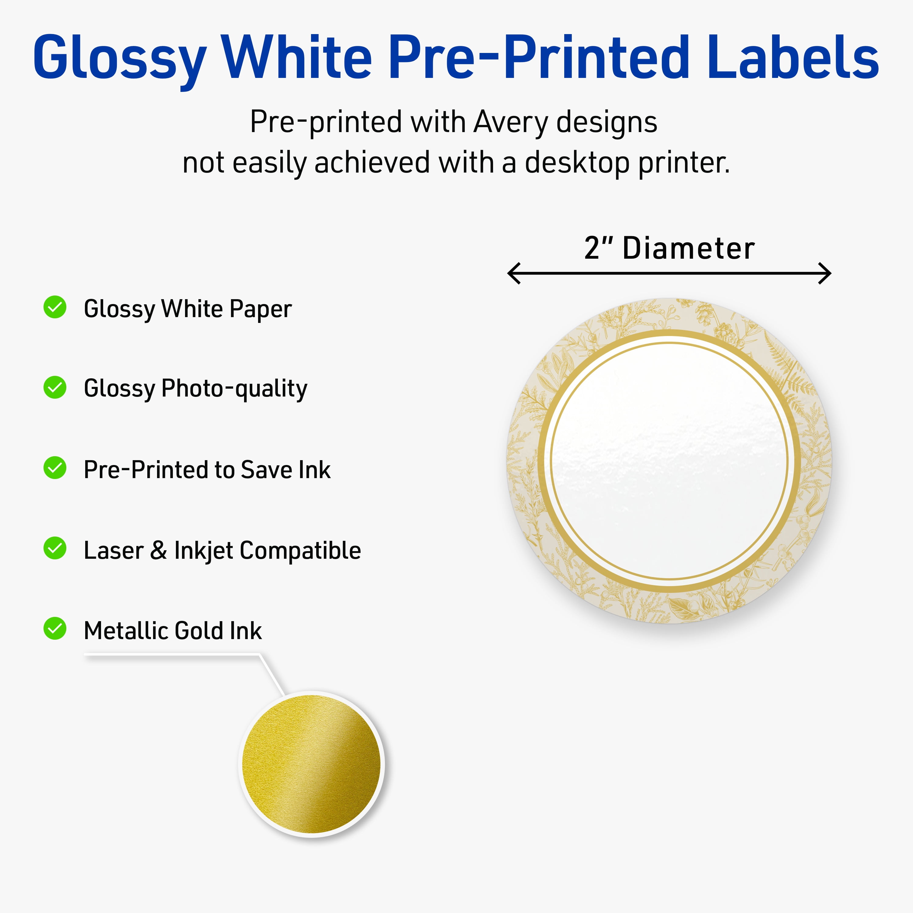 Avery Round Labels, 2" Diameter, Gold Arch Florals Design, Glossy