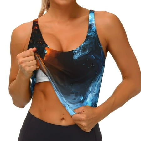 Qokaie Red And Blue Fire Skull Warrior Pattern Womens Scoop Neck Sports Bra Breathable Workout Vest Padded U Back Medium Impact Fitness Gym Yoga Bra Workout Crop Top