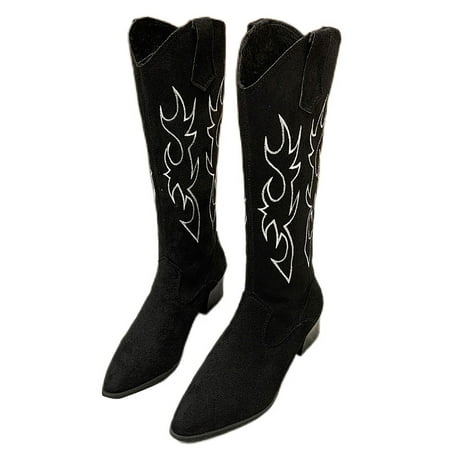 

Gomelly Womens Comfort Mid Calf Boot Back Zipper Pointed Toe Western Boots Walking Work Non-Slip Chunky Heel Black 9