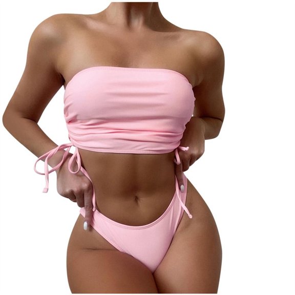Summer Savings Clearance! Bikini 2023 Woman Solid Colors Two Piece High Waist Bathing Suit Sexy Bandeau Swimsuit Side Tie Tube Top With Bottom Swimwear