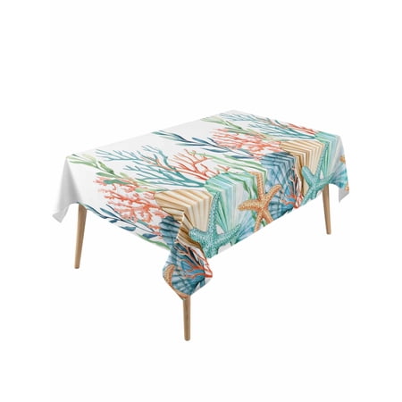 Marine Life Rectangle Tablecloth Nautical Underwater Coral Shell Starfish Watercolor Waterproof & StainResistant Tablecloth Washable Oil-proof Table Cover for Dining/Party/Wedding/Buffet 60x120 In