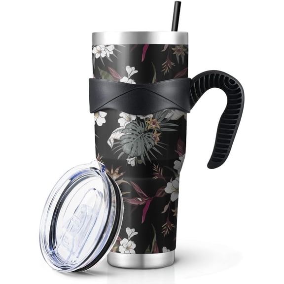 40oz Tumbler with Handle Large Insulated Tumblers with Straw and Lid Flower Printed Stainless Steel Travel Coffee Mug Cup for Hot and Cold Drinks